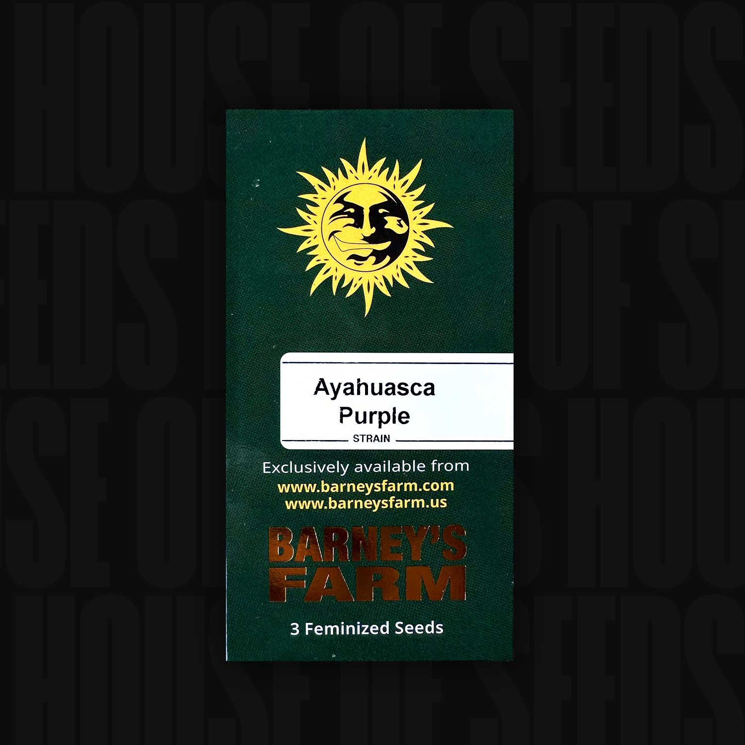 Barney’s Farm Ayahuasca Purple Packung mit Sonnenlogo, Website-Infos, Aufschrift 3 feminisierte Samen vor dunklem Hintergrund