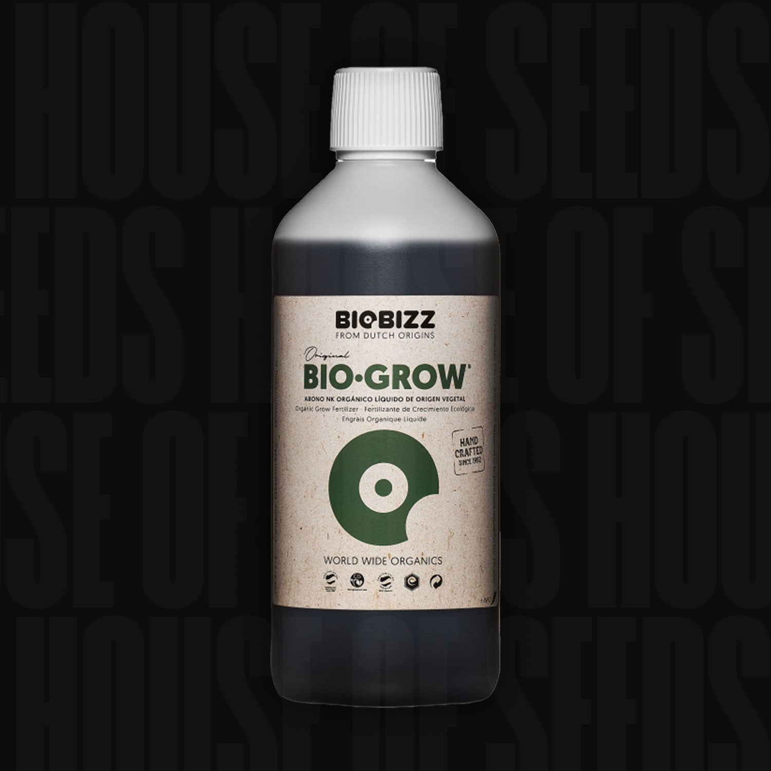 BioBizz BioGrow Flasche mit beigem Etikett und grünem Logo vor dunklem Hintergrund mit House of Seeds Text