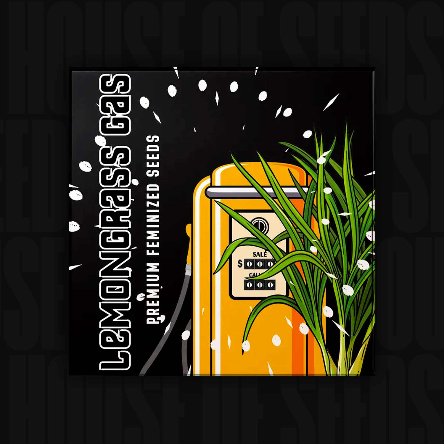 Doja Verpackung Lemongrass Gas mit gelber Zapfsäule, grünem Zitronengras und weißem Text