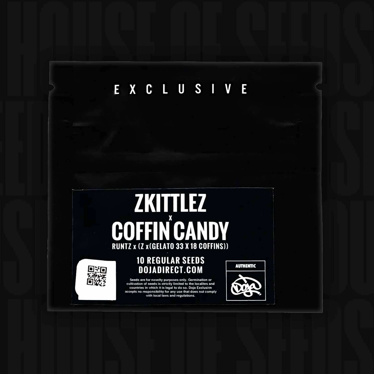 Doja Zkittles x Coffin Candy schwarze Saatgutpackung mit Produktdetails und einem QR-Code auf der Vorderseite.