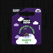 Lila Holy Hemp Runtz XL Auto Packung mit Himmelsmotiv, weißen Wolken und Iconic Genetics Branding