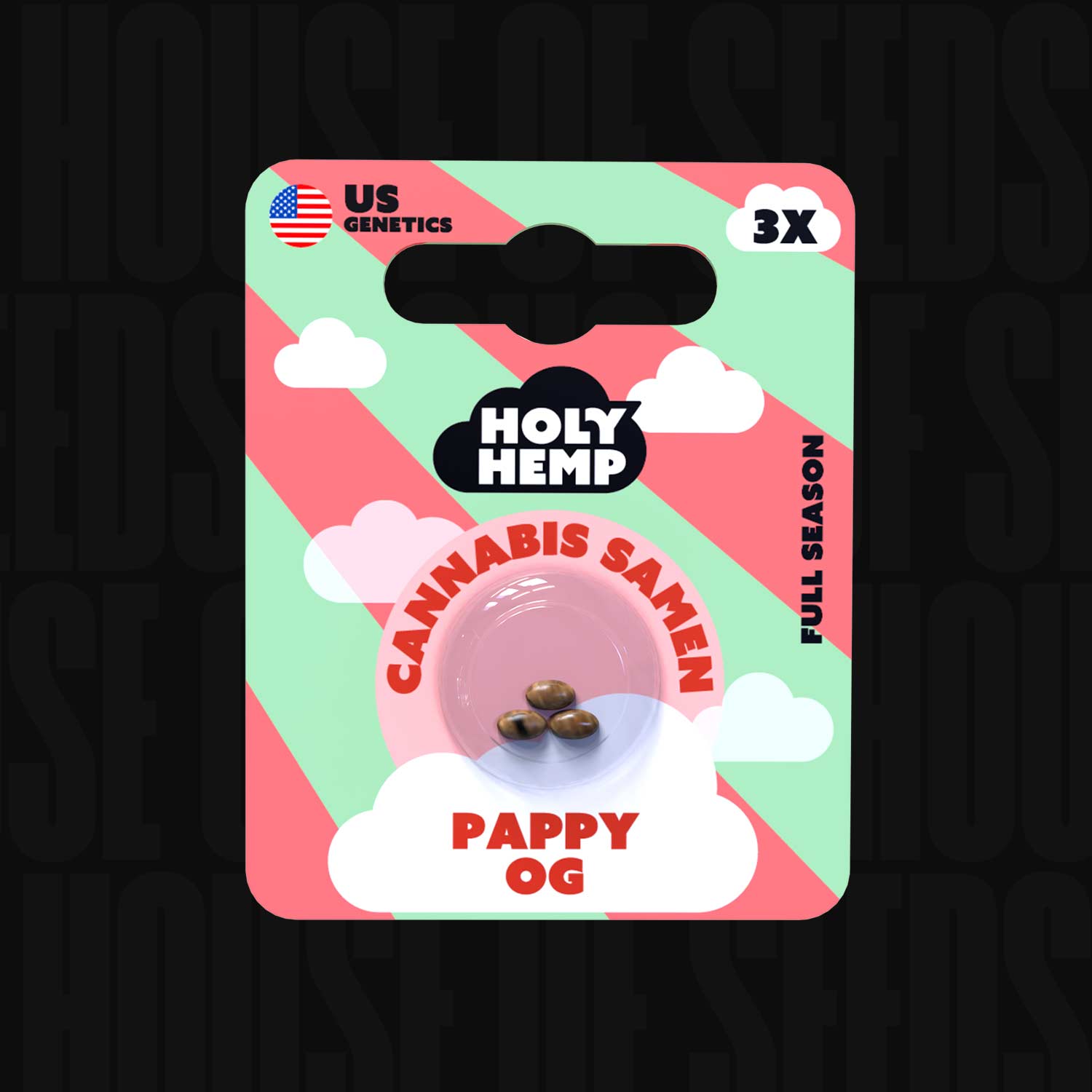 Holy Hemp Pappy OG Packung mit drei Samen, Wolken, US-Flagge und Text US Genetics Full Season