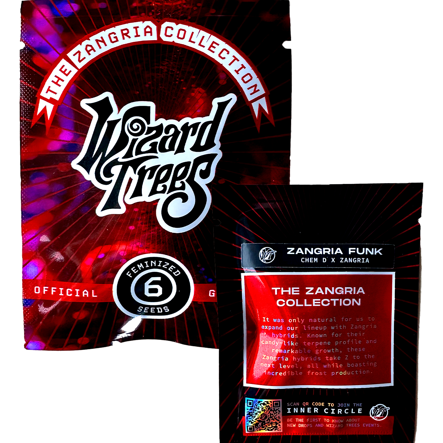 Zwei Wizard Trees Samenpackungen, Vorderseite „Zangria Funk“ in roter Farbe mit weißer Schrift, Rückseite mit Produktdetails und QR-Code