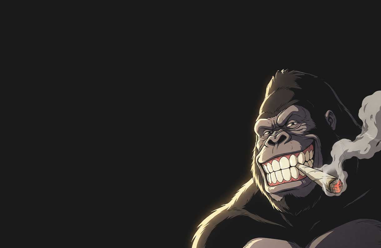 Ein Comic-Gorilla mit breitem Grinsen raucht eine brennende Zigarre und bläst den Rauch aus. Der Hintergrund ist größtenteils schwarz, der Gorilla befindet sich auf der rechten Seite des Bildes.