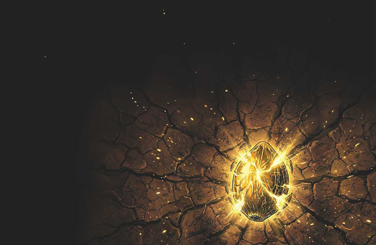 Ein leuchtendes goldenes Ei strahlt Licht aus und beleuchtet Risse im dunklen, trockenen Boden um es herum, wobei Funken und Partikel in der Luft verstreut werden.