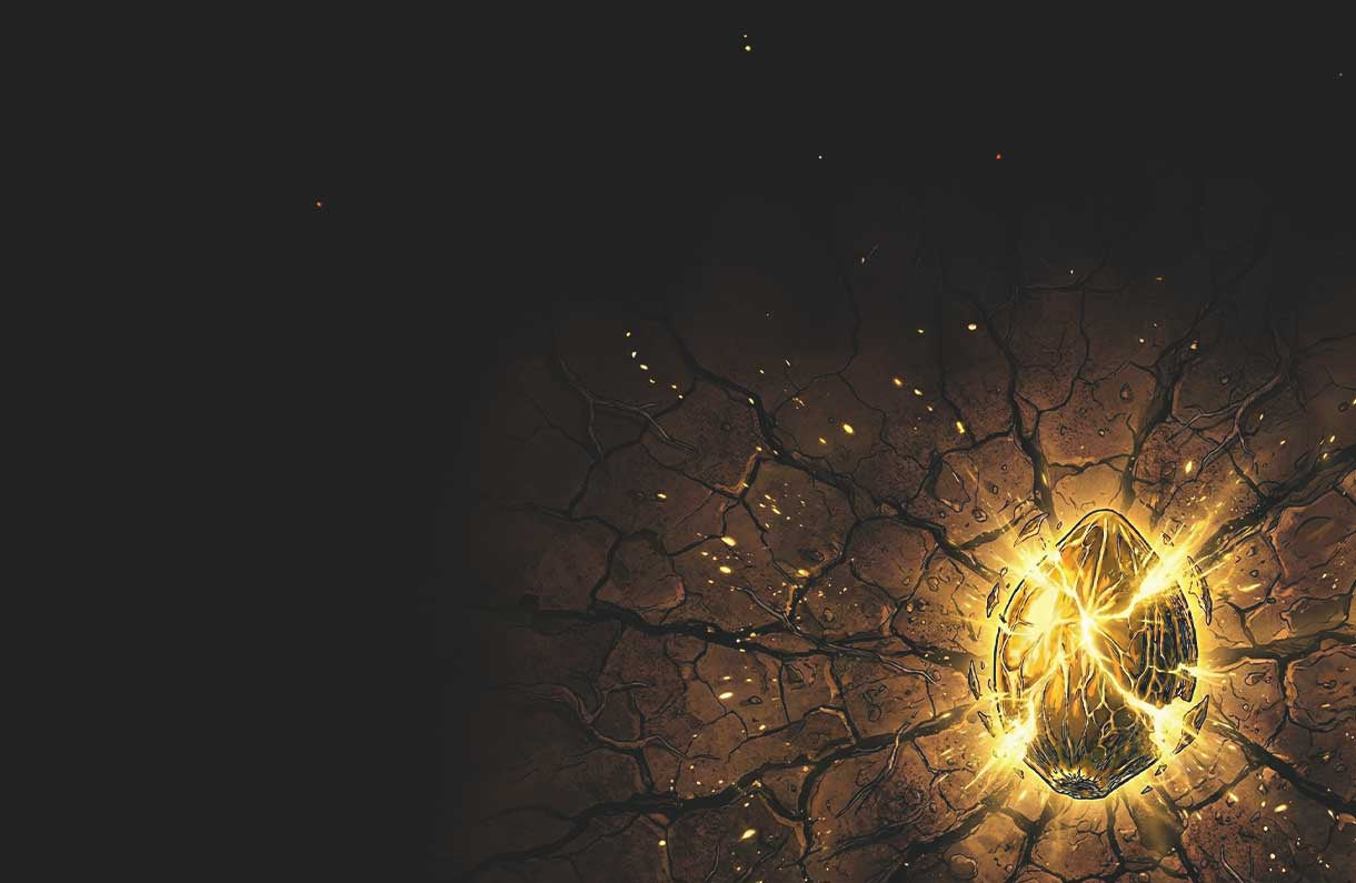 Ein leuchtendes goldenes Ei strahlt Licht und Energie aus und durchbricht den dunklen, trockenen Boden um sich herum. Der Hintergrund ist größtenteils schwarz, wodurch der Blick auf das beleuchtete Ei gelenkt wird.