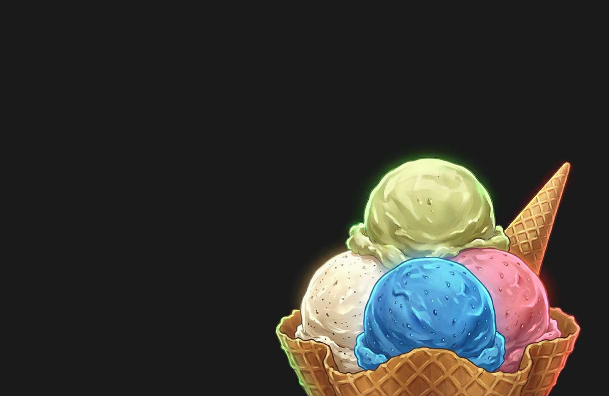 Eine Eistüte mit fünf bunten Kugeln – grün, rosa, blau, weiß und beige – vor einem schlichten schwarzen Hintergrund mit viel Freiraum auf der linken Seite.