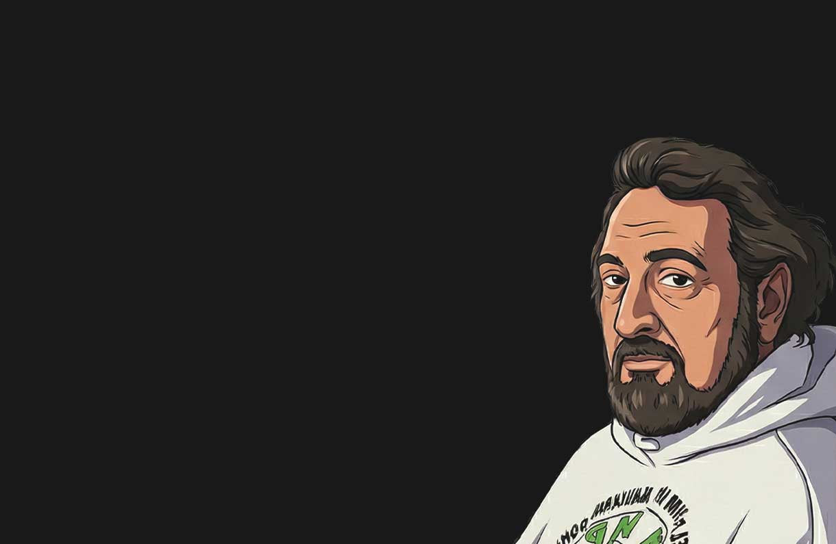 Illustration eines bärtigen Mannes mit langen dunklen Haaren, der einen weißen Kapuzenpulli trägt und in die Kamera blickt, vor einem schlichten schwarzen Hintergrund mit freiem Platz auf der linken Seite.