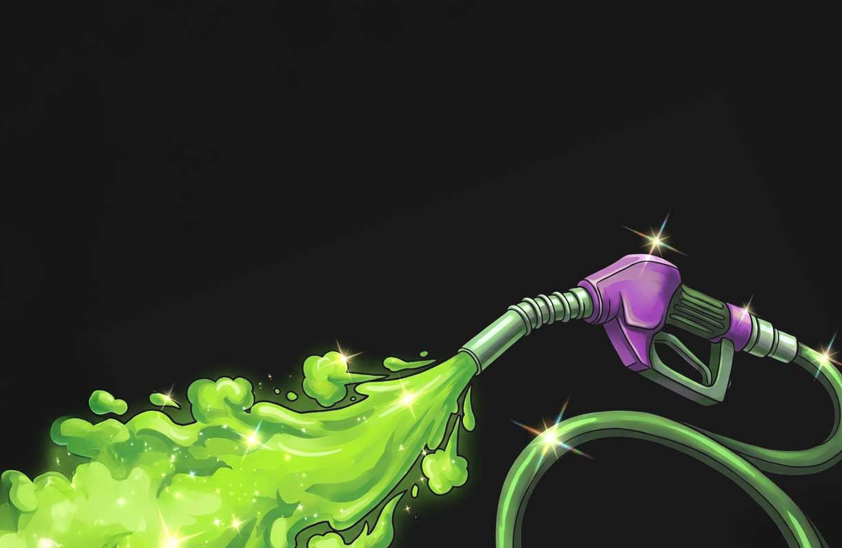 Eine violett-grüne Zapfpistole spritzt vor einem schwarzen Hintergrund eine leuchtend grüne Flüssigkeit, wobei Funken die Flüssigkeit und die Zapfpistole hervorheben.