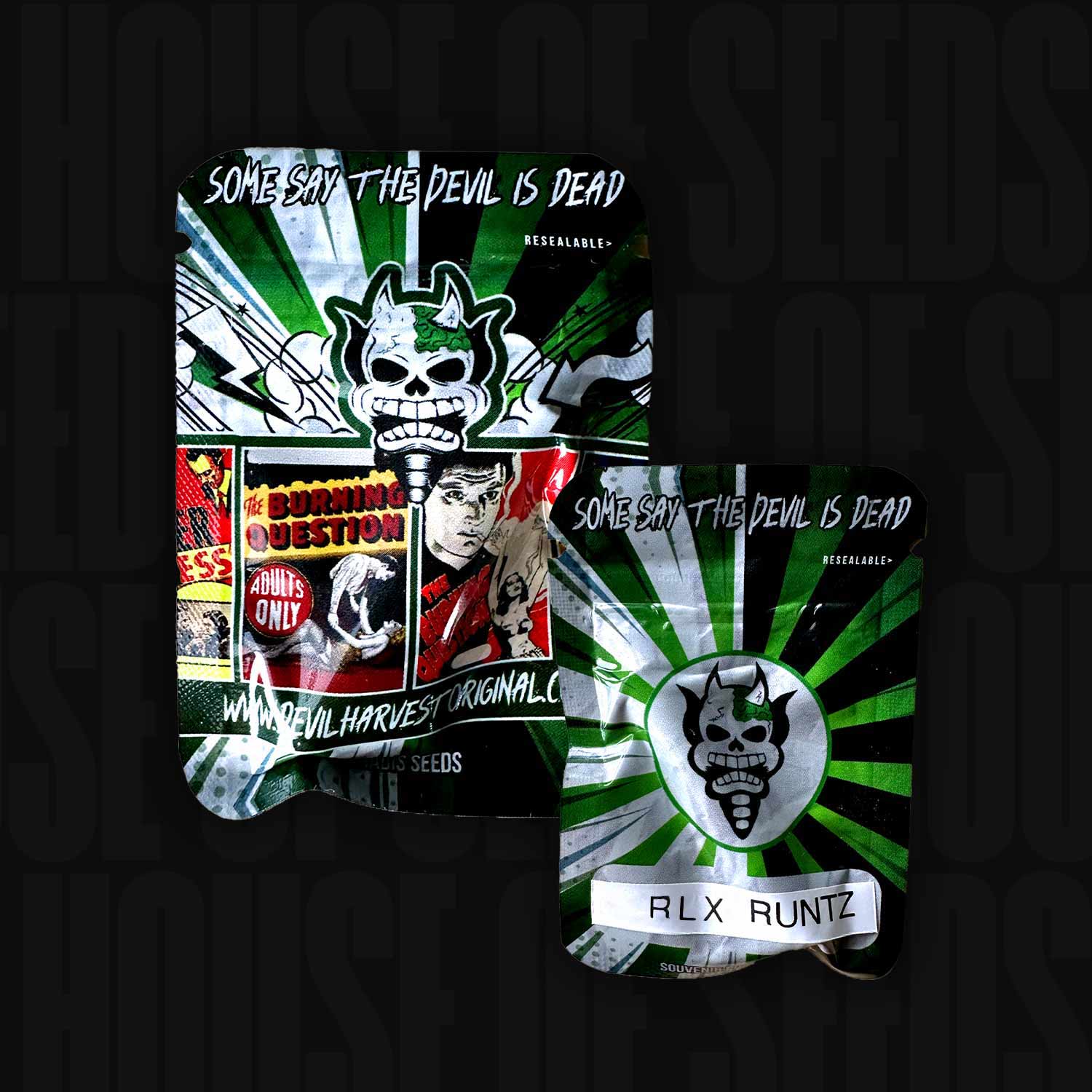 Zwei wiederverschließbare RLX Runtz Saatguttüten von Devil's Harvest, mit grünem, weißem und schwarzem Comic-Teufel-Design.
