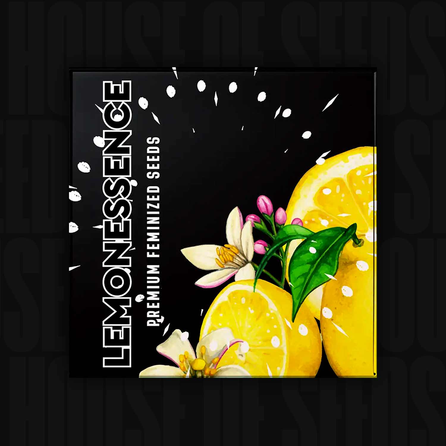 Eine Doja Lemonessence-Box, illustriert mit Zitronen und Zitronenblüten, beschriftet mit Premium Feminized Seeds.