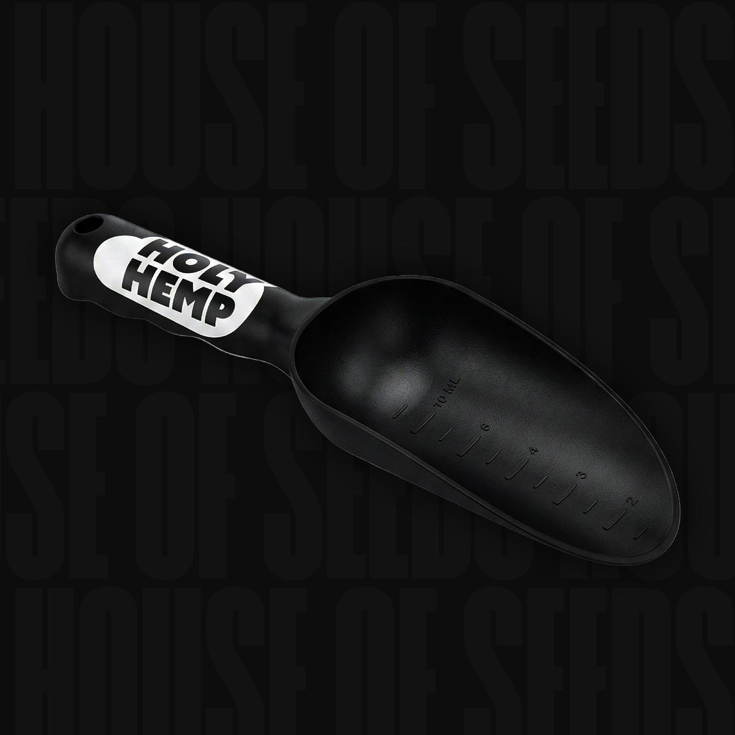 Holy Hemp Garten-Schaufel mit Markengriff, abgebildet auf dunklem Hintergrund mit dezentem Text.