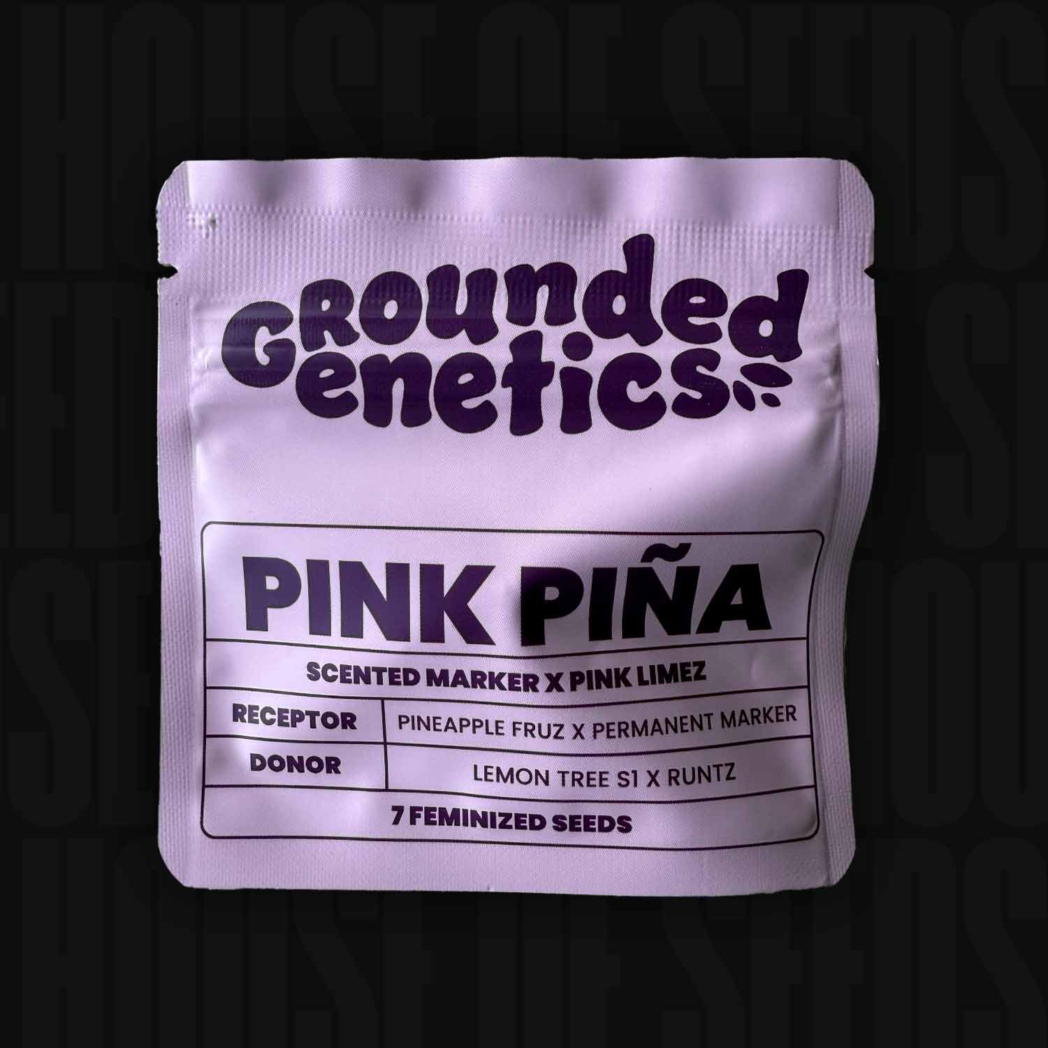 Ein lavendelfarbenes Päckchen von Grounded Genetics mit der Bezeichnung Pink Pina enthält feminisierte Samen. Der fette schwarze Text auf lila gibt Auskunft über den Duft, den Rezeptor, den Spender, die Abstammung von Pineapple Fruz und die Anzahl der Samen - und vermittelt so einen Hauch von tropischem Charme.