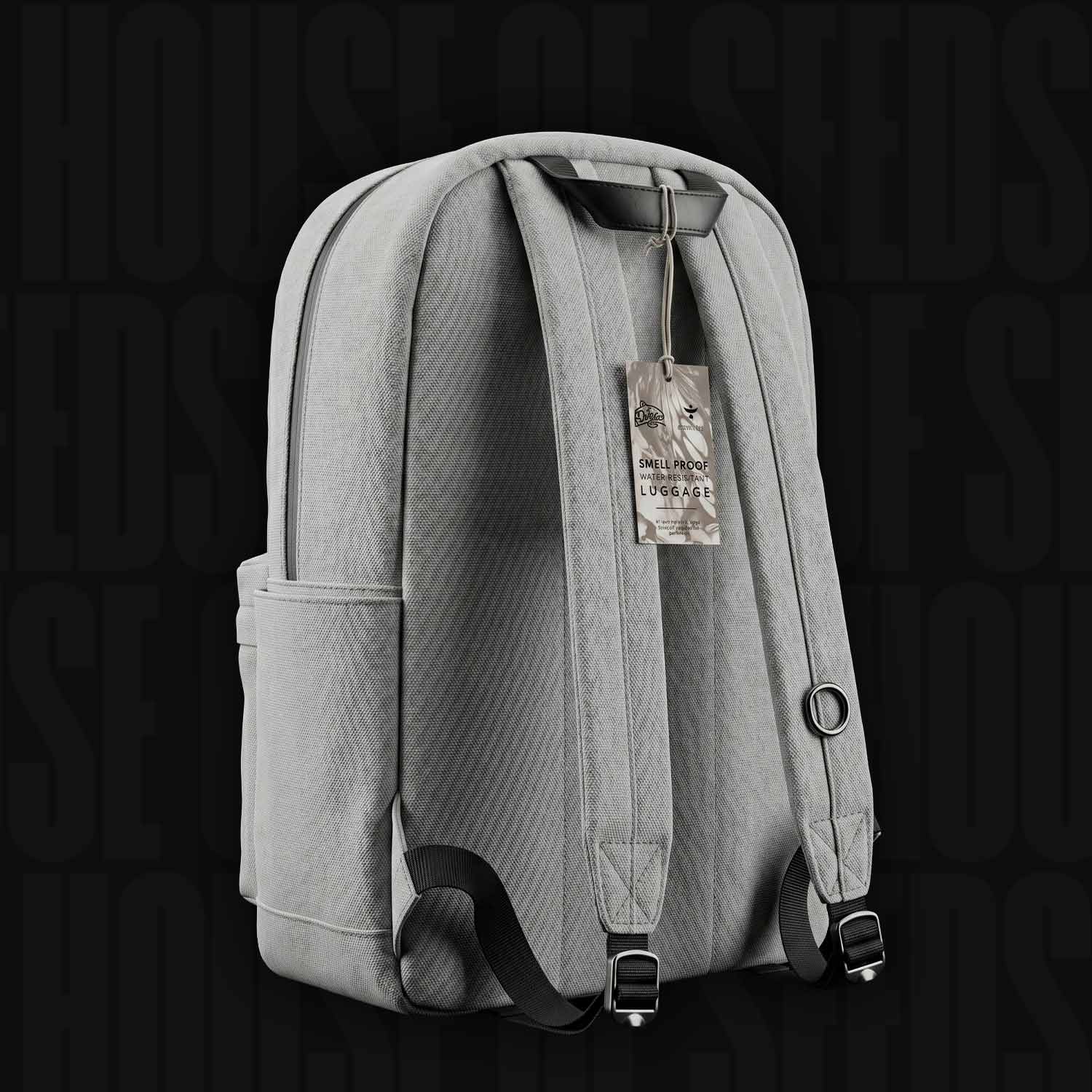 Doja Rucksack (geruchsdicht) von Doja, hellgrau, von hinten mit Etikett auf schwarzem Hintergrund abgebildet.