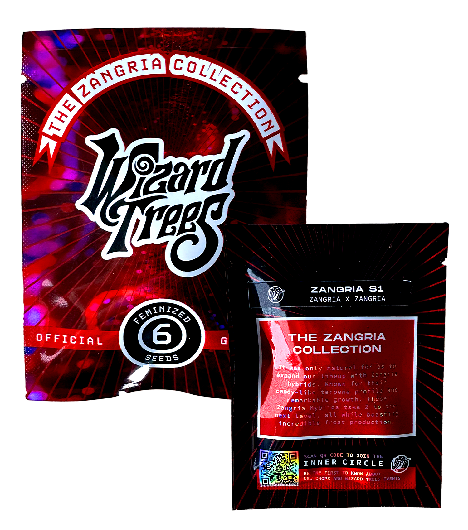 Zwei rot-schwarze Wizard Trees Zangria S1-Samentütchen mit fettgedrucktem Text und einem QR-Code.