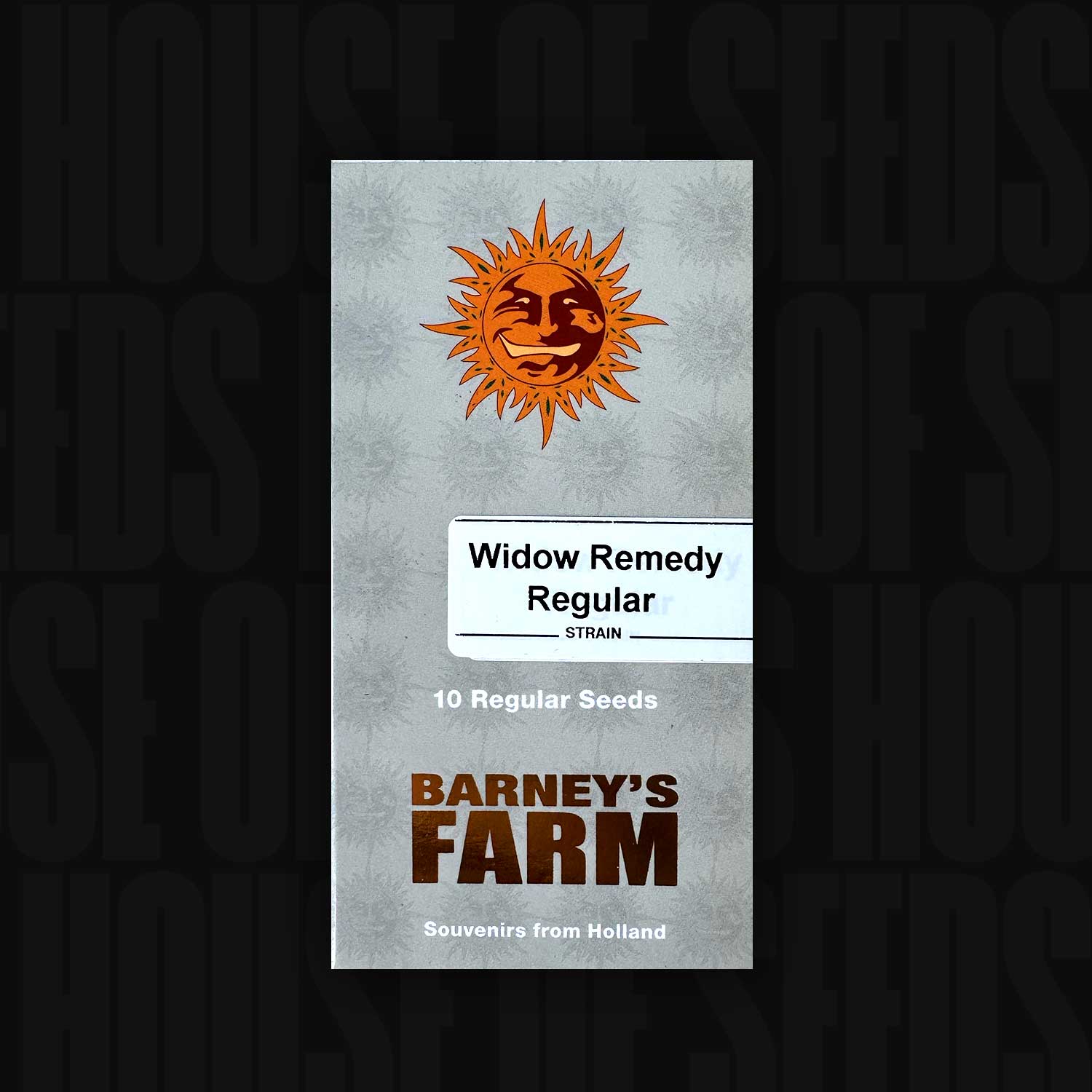 Barney's Farm Widow Remedy, mit 10 regulären Samen, hat ein orangefarbenes Sonnenlogo und den Text "Souvenirs from Holland" auf grauem Hintergrund. Würzig und entspannend!.