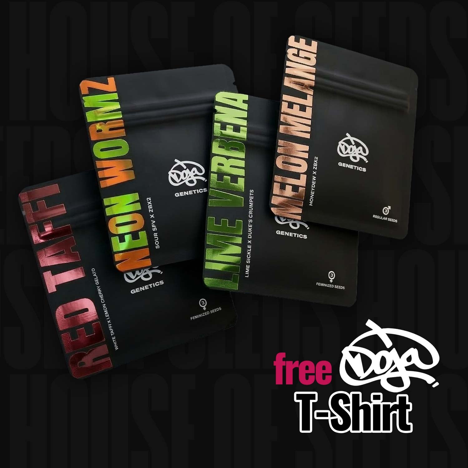 Doja Drop '26 Bundle: Vier farbenfrohe Samenpakete mit kostenlosem T-Shirt-Angebot von Doja.